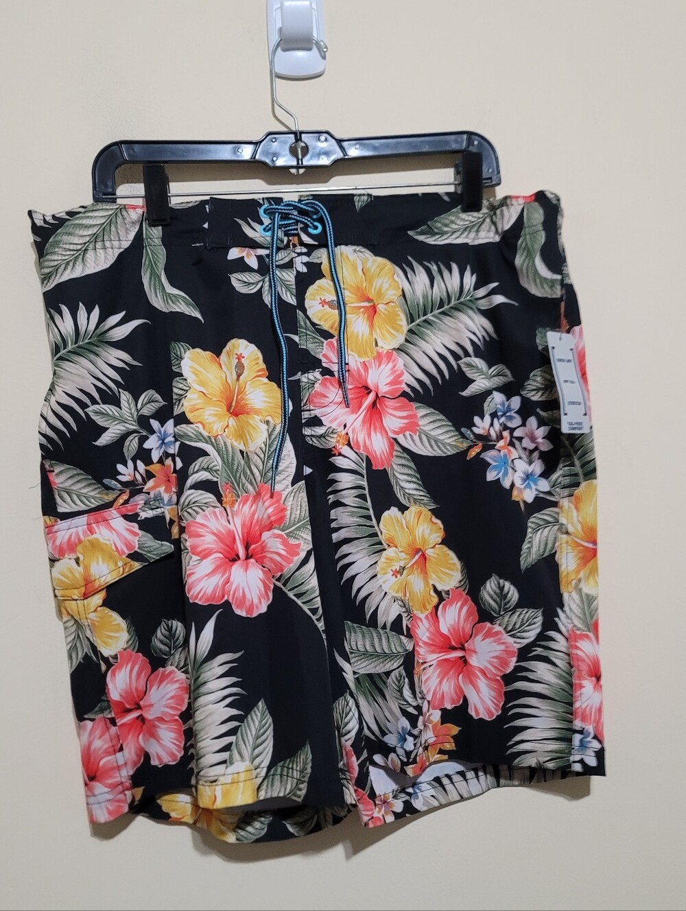 George Men Black Tropical Floral Swim Wear Drawstring Shorts Size Large